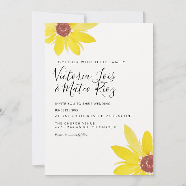 Invitación Boda de flores silvestres de girasol acuarela (Anverso)
