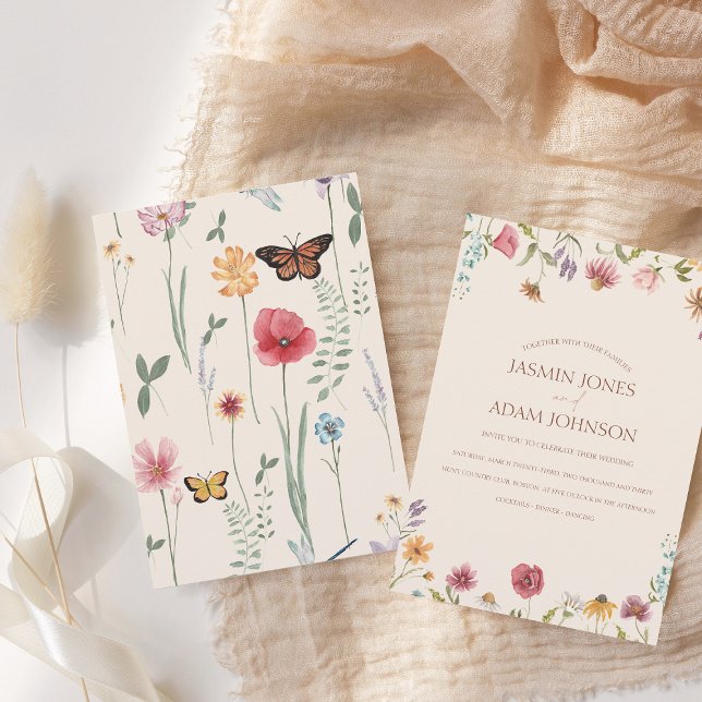 Invitación Boda de flores silvestres de la frontera floral co (Simple Colorful Wildflower Floral Wedding Invite)