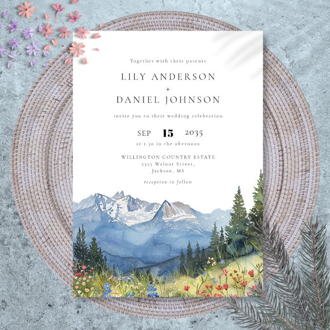 Invitación Boda de flores silvestres de la montaña acuarela m (Modern Watercolor Mountain Wildflower Wedding Invitation)