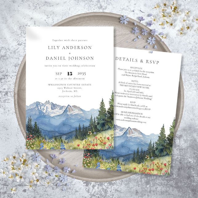 Invitación Boda de flores silvestres de la montaña acuarela m (Modern Watercolor Mountain Wildflower Wedding Invitation)