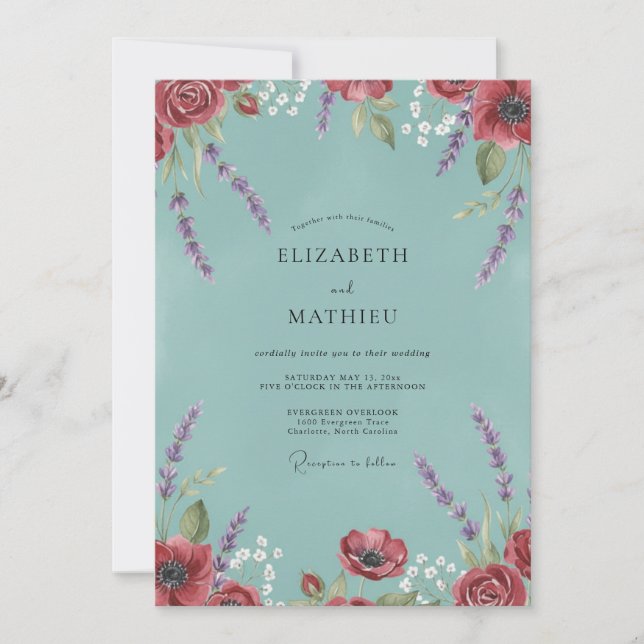 Invitación Boda de flores silvestres de lavanda acuática (Anverso)