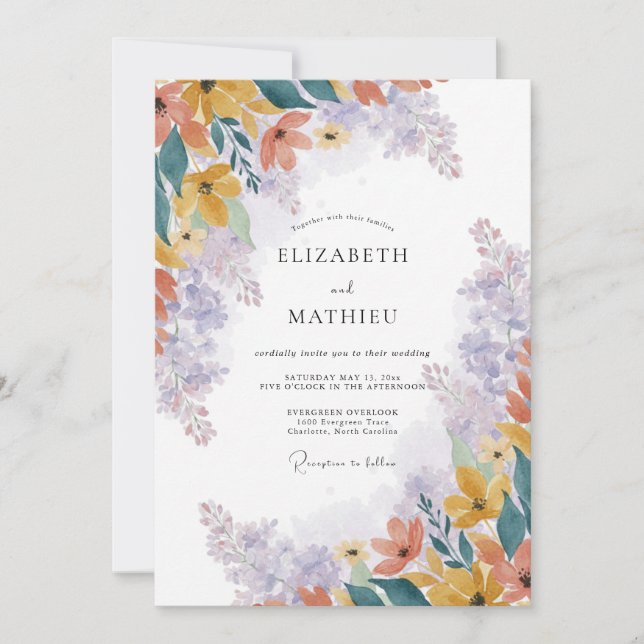 Invitación Boda de flores silvestres de lavanda amarilla (Anverso)