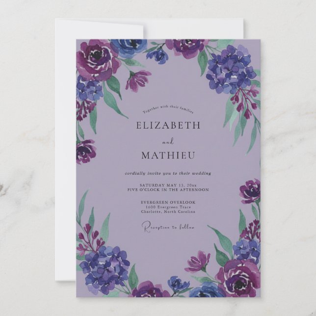 Invitación Boda de flores silvestres de lavanda índigo (Anverso)