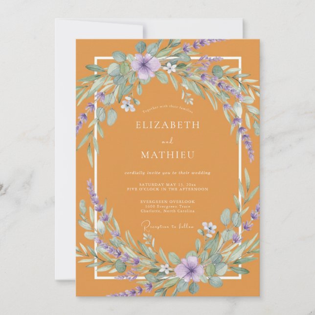 Invitación Boda de flores silvestres de lavanda mostaza (Anverso)