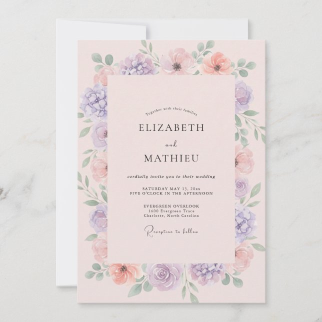 Invitación Boda de flores silvestres de lila coral (Anverso)