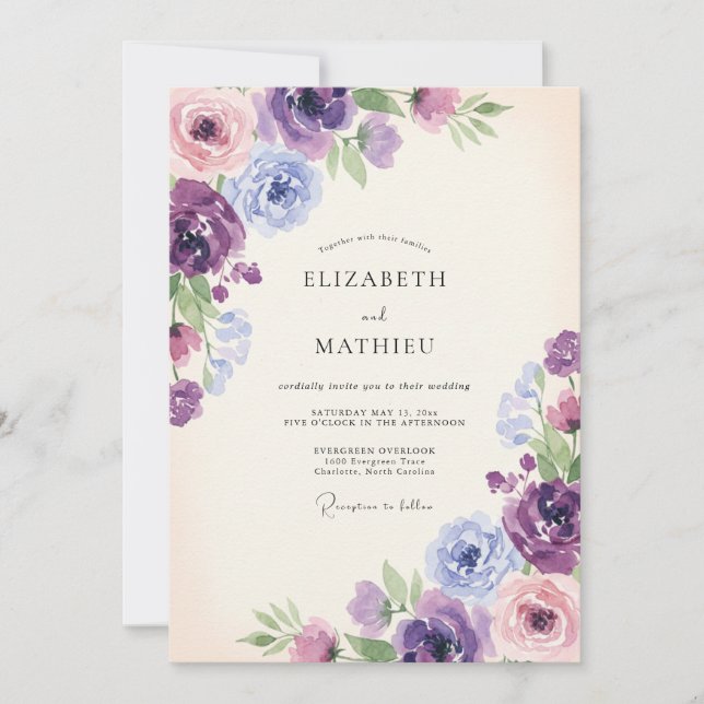 Invitación Boda de flores silvestres de lila violeta (Anverso)