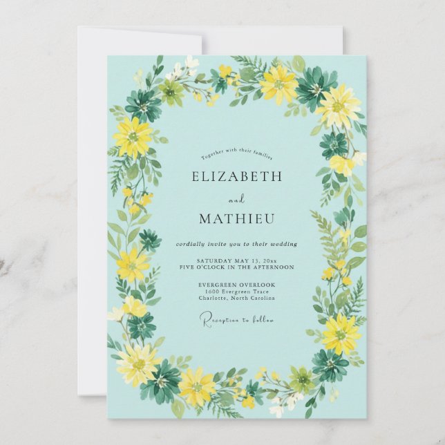 Invitación Boda de flores silvestres de limón cian (Anverso)