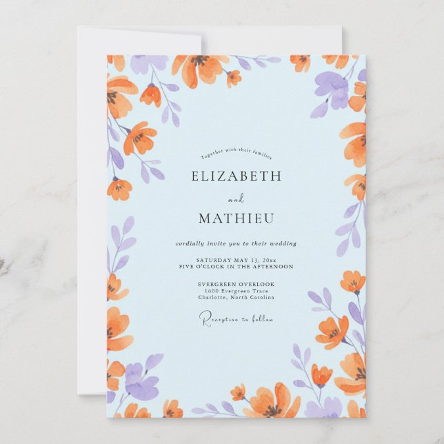Invitación Boda de flores silvestres de melocotón azul (Anverso)