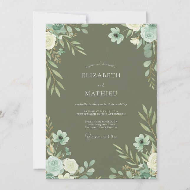 Invitación Boda de flores silvestres de menta oliva (Anverso)
