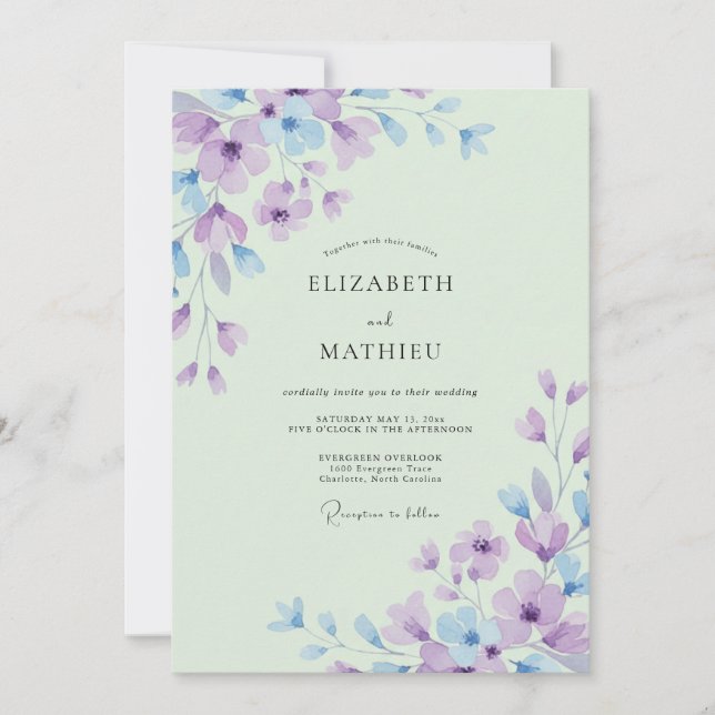 Invitación Boda de flores silvestres de menta suave y amatist (Anverso)