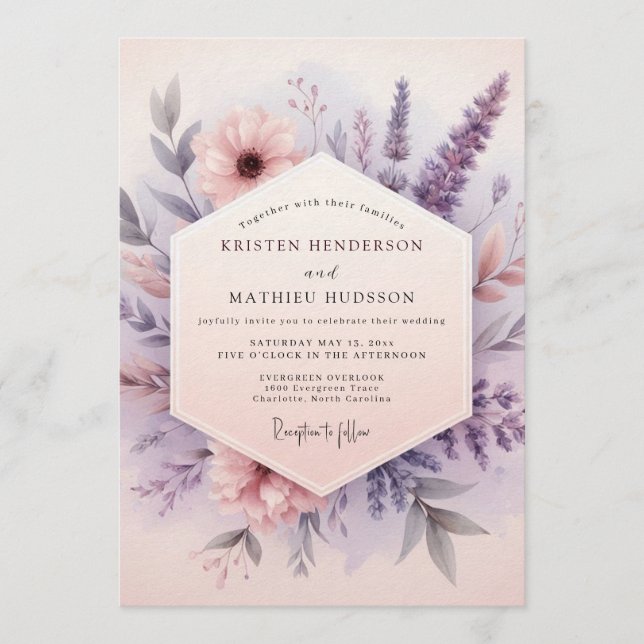 Invitación Boda de flores silvestres de niebla de lila (Anverso)