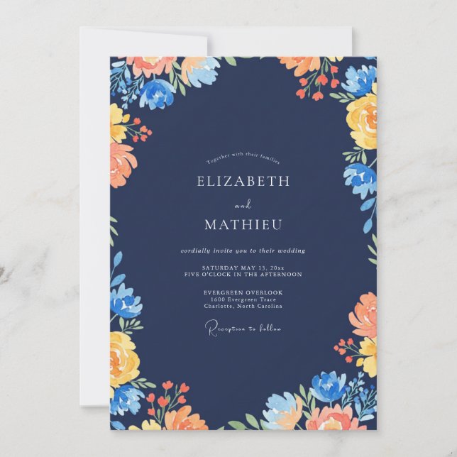 Invitación Boda de flores silvestres de ochre naval (Anverso)
