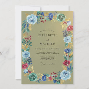 Invitación Boda de flores silvestres de oliva cobalto
