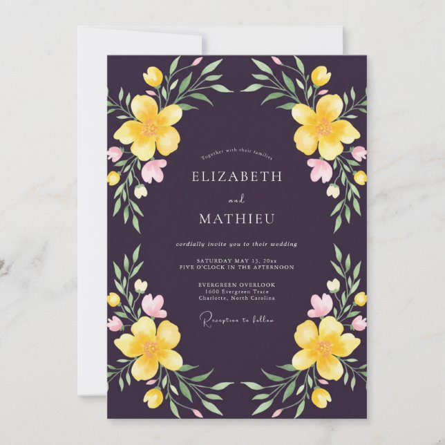 Invitación Boda de flores silvestres de oro ciruela (Anverso)