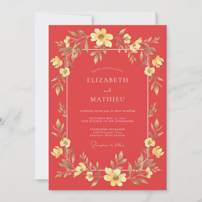 Invitación Boda de flores silvestres de oro coral (Anverso)