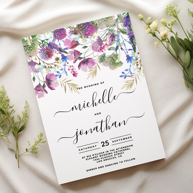 Invitación Boda de flores silvestres de oro de menta púrpura  (Pink purple mint gold wild flower wedding )
