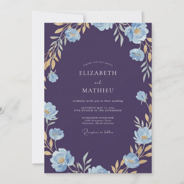 Invitación Boda de flores silvestres de oro índigo (Anverso)