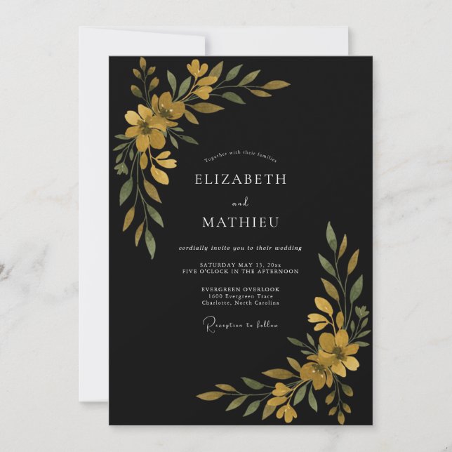 Invitación Boda de flores silvestres de oro negro (Anverso)