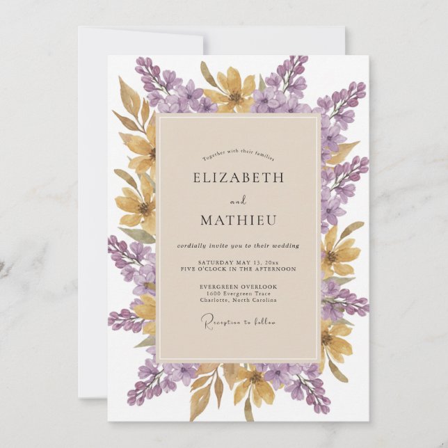 Invitación Boda de flores silvestres de oro y amatista (Anverso)