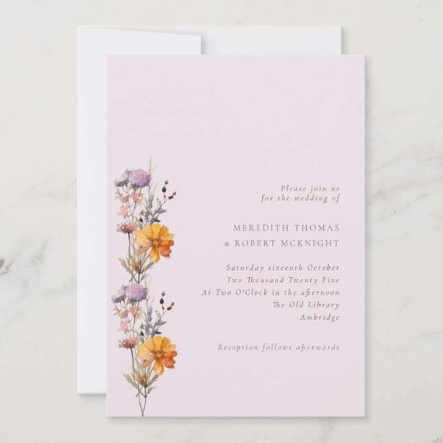 Invitación Boda de flores silvestres de otoño moradas y Naran (Anverso)