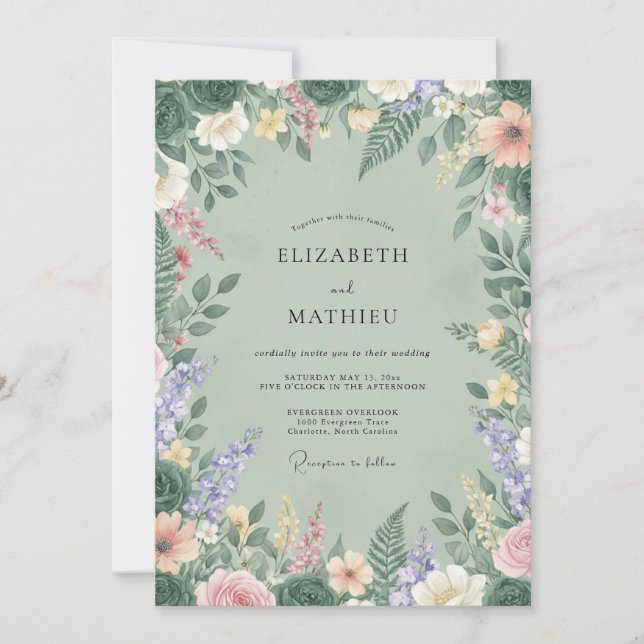 Invitación Boda de flores silvestres de pradera Celadon (Anverso)