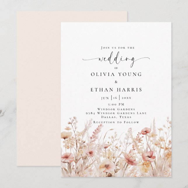 Invitación Boda de Flores Silvestres de Rubefacción (Anverso / Reverso)
