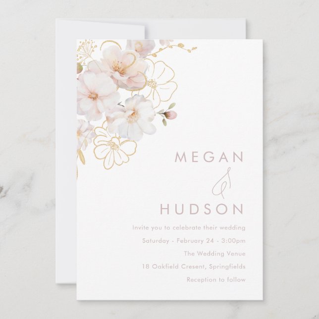 Invitación Boda de flores silvestres de Rubor y oro moderno (Anverso)