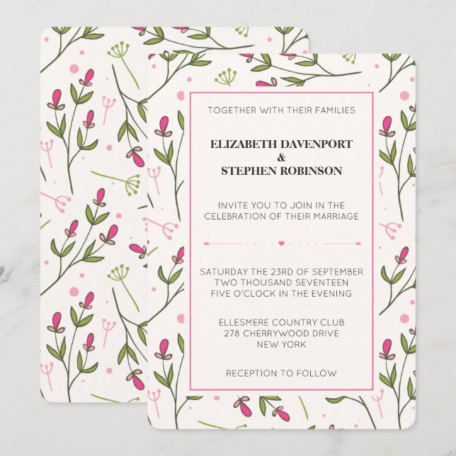 Invitación Boda de flores silvestres de tallo largo rosadas y (Anverso / Reverso)