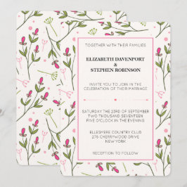 Invitación Boda de flores silvestres de tallo largo rosadas y