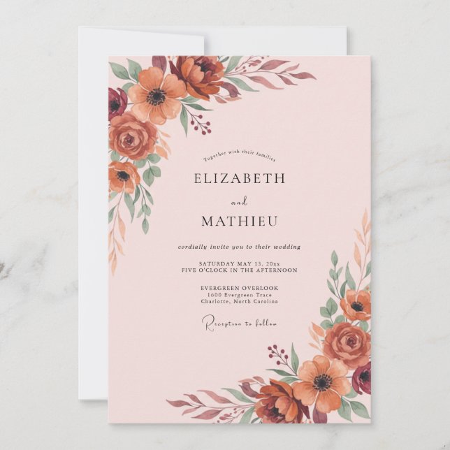 Invitación Boda de flores silvestres de terracota rústica (Anverso)