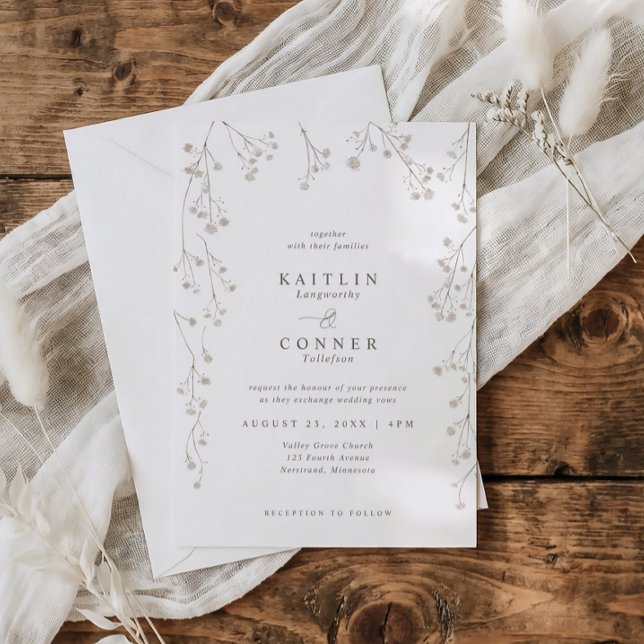Invitación Boda de flores silvestres delicadas aliento de beb (White wedding invite with beige watercolor baby’s breath and botanical monogram wreath)