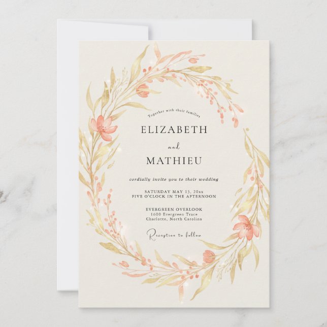 Invitación Boda de flores silvestres doradas albaricoque (Anverso)