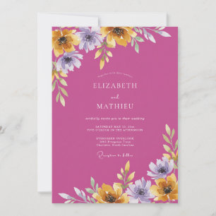 Invitación Boda de flores silvestres doradas antiguas magenta