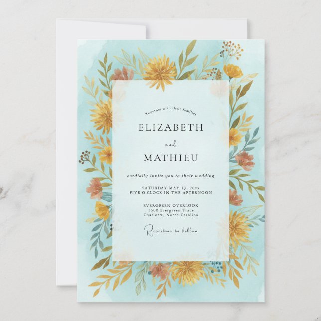 Invitación Boda de flores silvestres doradas en el cielo (Anverso)