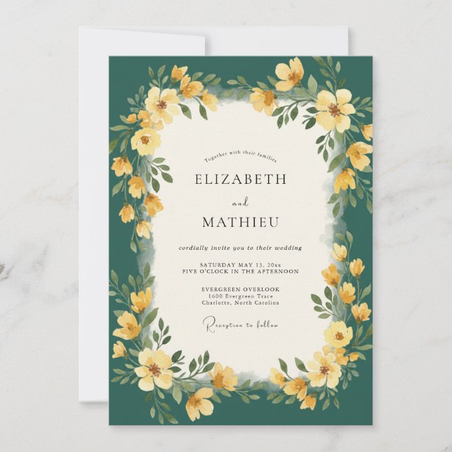 Invitación Boda de flores silvestres doradas y turquesa (Anverso)