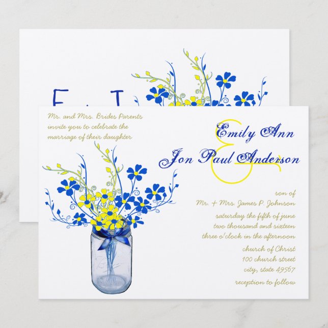 Invitación Boda de flores silvestres en tarro de mason amaril (Anverso / Reverso)