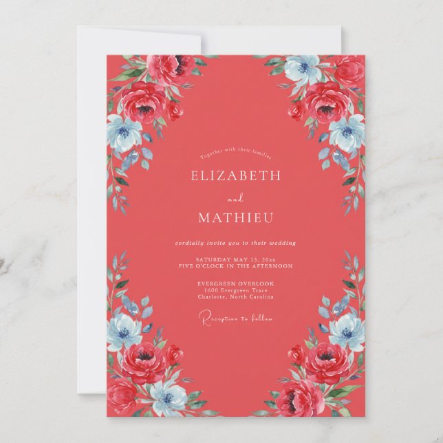 Invitación Boda de flores silvestres escarlata acuática (Anverso)