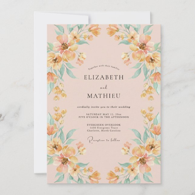 Invitación Boda de flores silvestres etéreas de melocotón (Anverso)