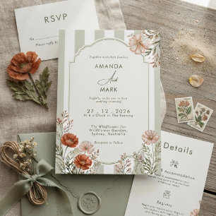 Invitación Boda de flores silvestres florales a rayas inglés