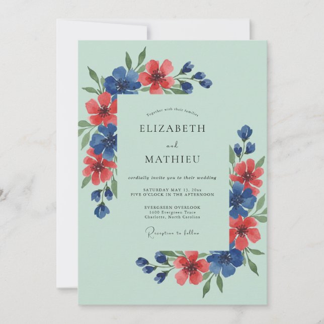 Invitación Boda de flores silvestres frescas y verdes menta (Anverso)