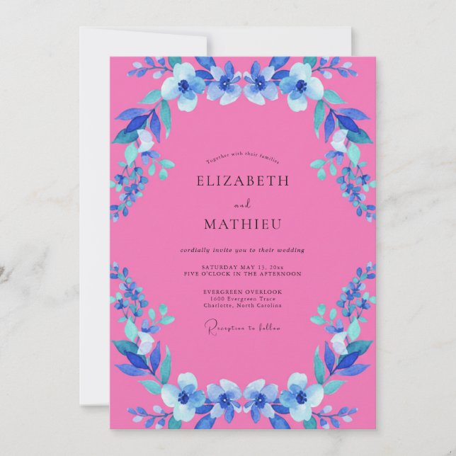 Invitación Boda de flores silvestres fucsia azules (Anverso)