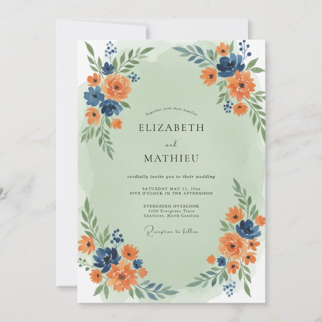 Invitación Boda de flores silvestres índigo albaricoque (Anverso)