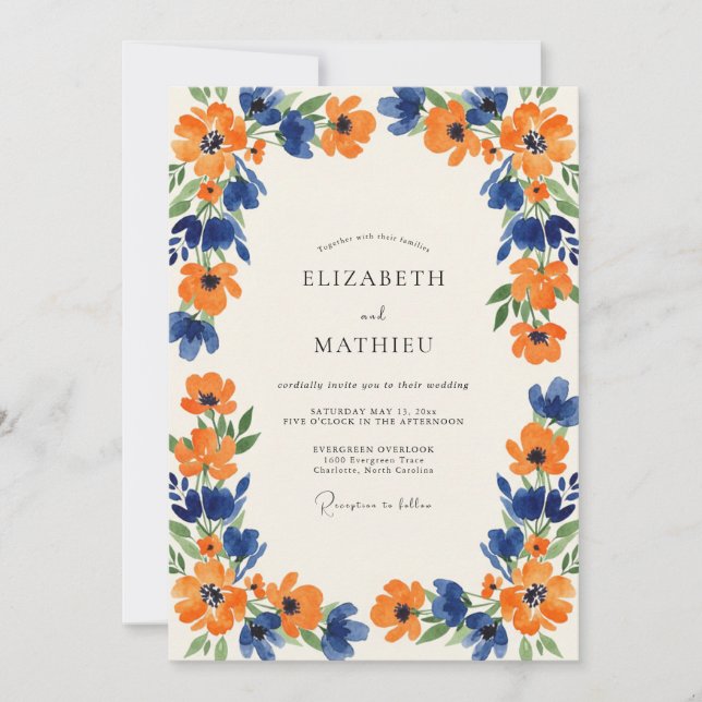 Invitación Boda de flores silvestres índigo ámbar (Anverso)