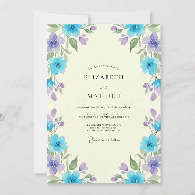 Invitación Boda de flores silvestres lavanda azul (Anverso)