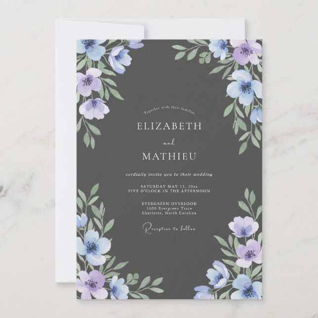 Invitación Boda de flores silvestres lavanda carbón (Anverso)