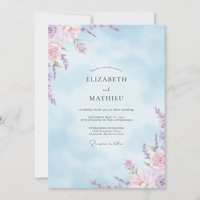 Invitación Boda de flores silvestres lavanda cielo (Anverso)