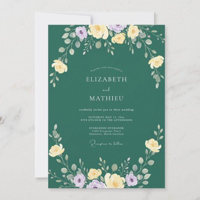 Invitación Boda de flores silvestres lavanda esmeralda (Anverso)
