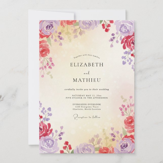 Invitación Boda de flores silvestres lila carmesí (Anverso)