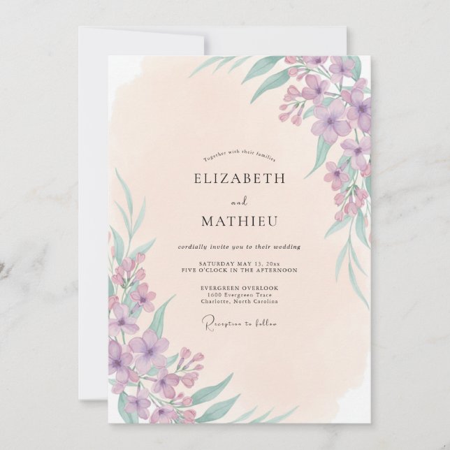 Invitación Boda de flores silvestres lila champán (Anverso)