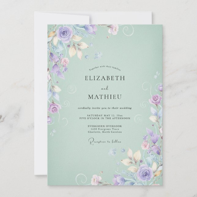 Invitación Boda de flores silvestres lila menta (Anverso)